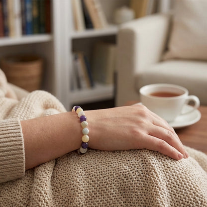 Handmade Lavender Cream Gemstone Stretch Bracelet, Boho Stacking Jewelry