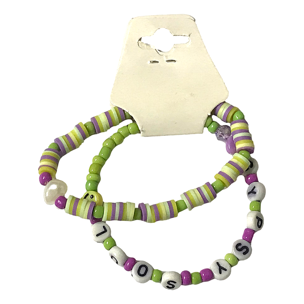 Handmade Green Purple Beaded Bracelet Set, Striped & Letter Design, Playful Boho Jewelry