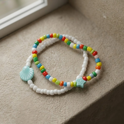 Colorful Beaded Bracelet Set, Shell Star Charm Bracelet, Cute Summer Beach Jewelry, Friendship Bracelet Gift for Her