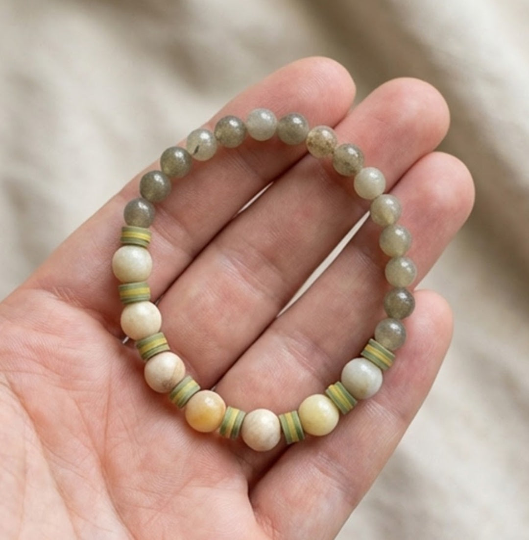Handmade Bracelet – Green Jasper-Style and Cream Agate-Like Beads with Vibrant Yellow Heishi Disc Spacers – Artisanal Boho Jewelry