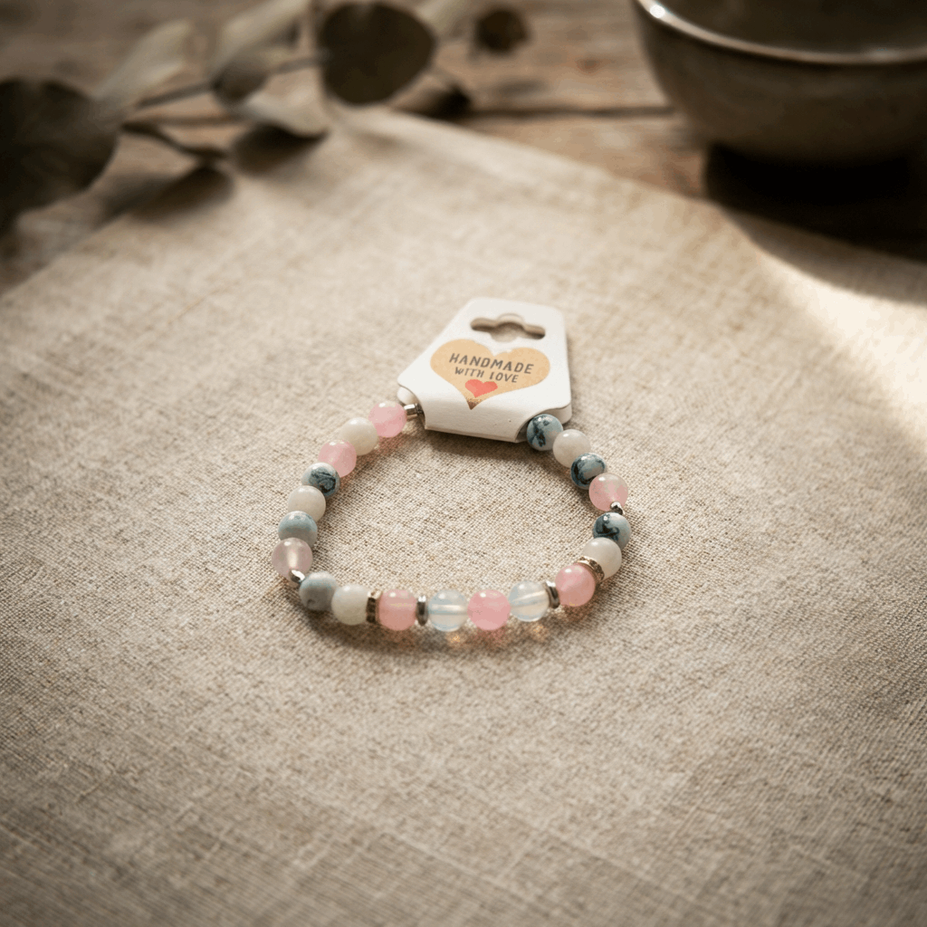 Pastel Beaded Bracelet - Smooth Round Natural Stone Handmade with Accent Beads Stretch Jewelry Stackable Minimalist Gemstone