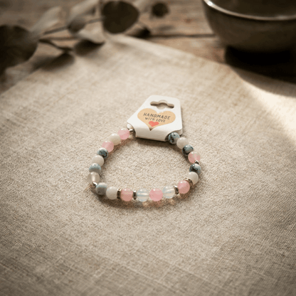 Pastel Beaded Bracelet - Smooth Round Natural Stone Handmade with Accent Beads Stretch Jewelry Stackable Minimalist Gemstone