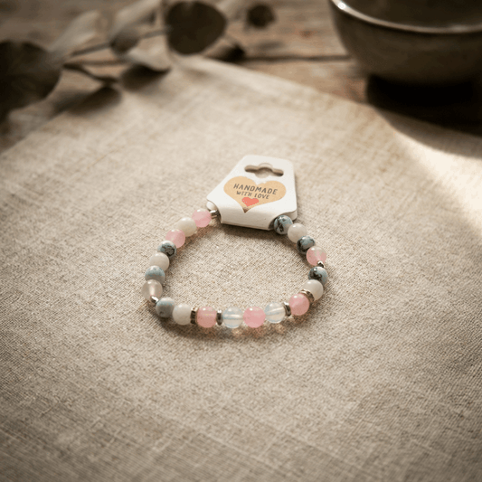 Pastel Beaded Bracelet - Smooth Round Natural Stone Handmade with Accent Beads Stretch Jewelry Stackable Minimalist Gemstone