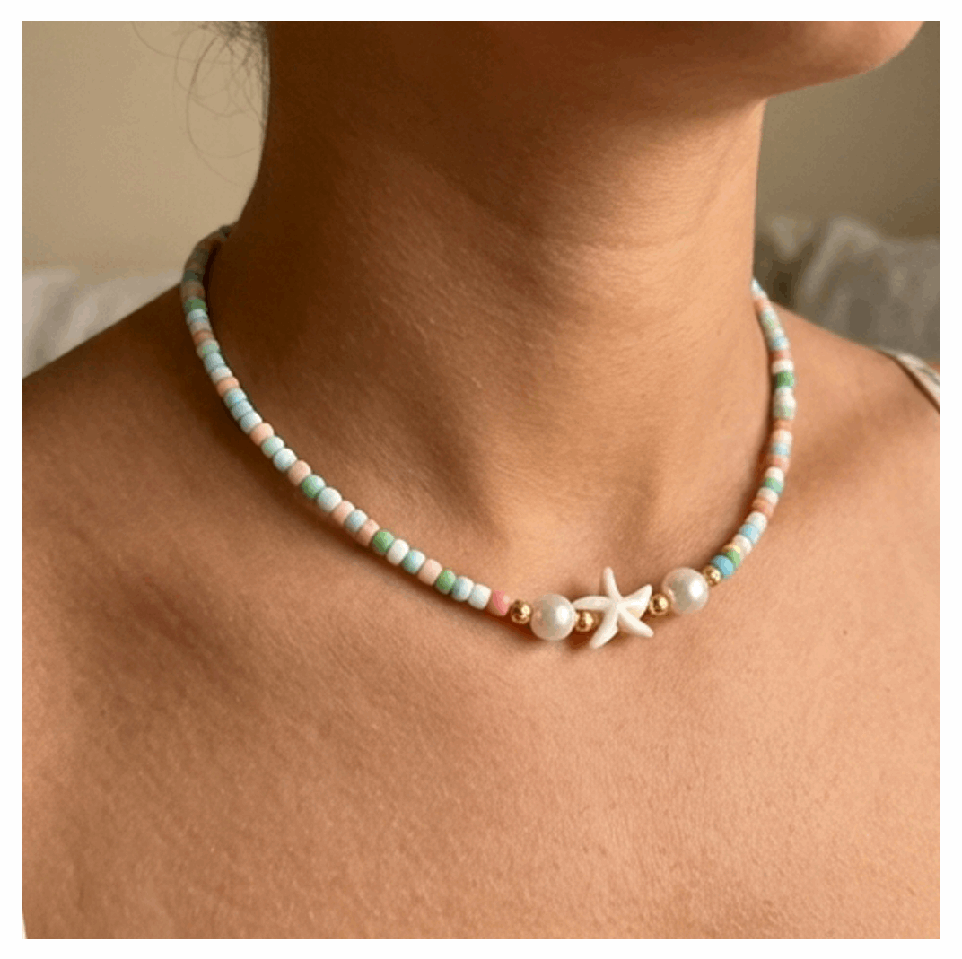 Handcrafted Seaside Starfish Beaded Necklace, Metal-Plated Clasp w/ Extension Chain