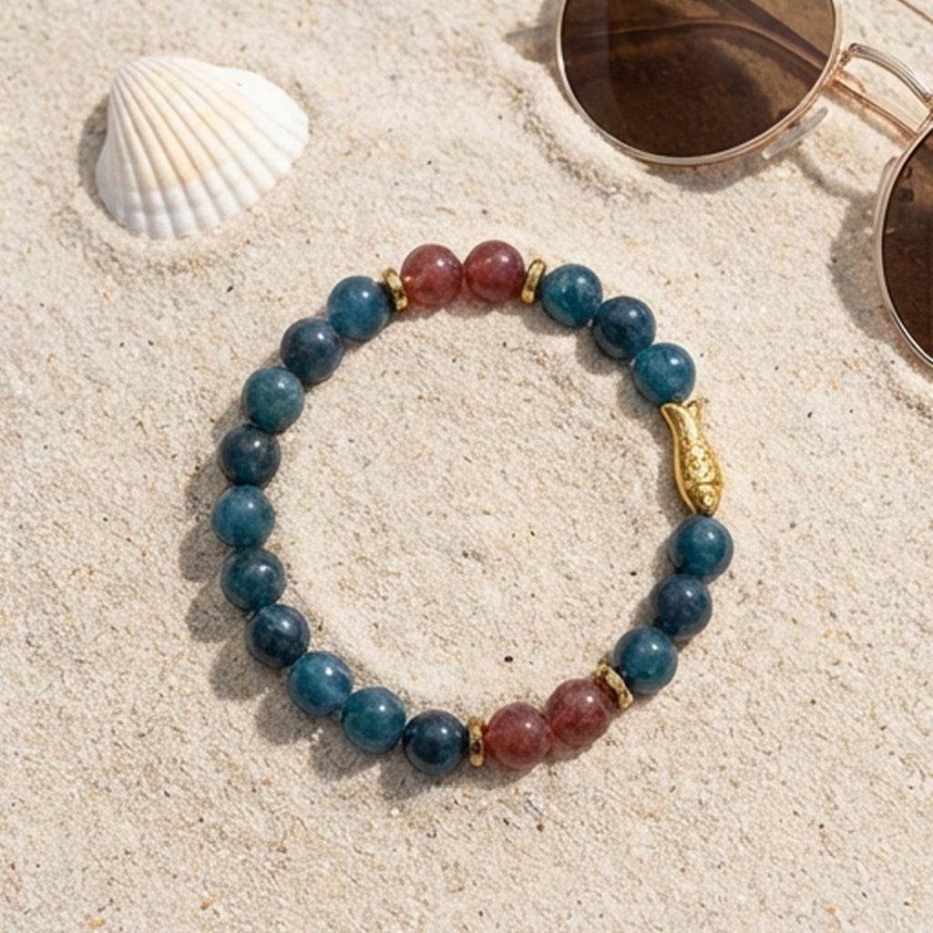 Teal Jade Beaded Bracelet with Gold Fish Charm, Stretch Boho Gemstone, Ocean-Inspired Jewelry, Teal Turquoise Bracelet, Handmade
