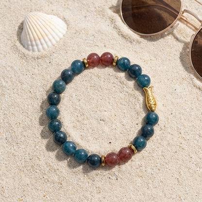 Handmade Teal Jade Beaded Bracelet, Gold Fish Charm, Ocean Boho Jewelry