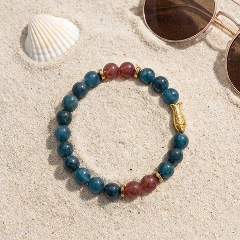 Handmade Teal Jade Beaded Bracelet, Gold Fish Charm, Ocean Boho Jewelry