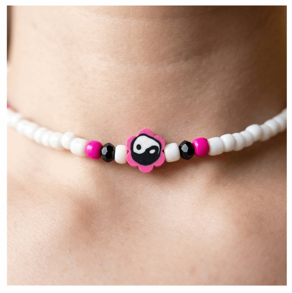 Handcrafted Petal Duality Beaded Necklace, Metal-Plated Clasp w/ Extension Chain