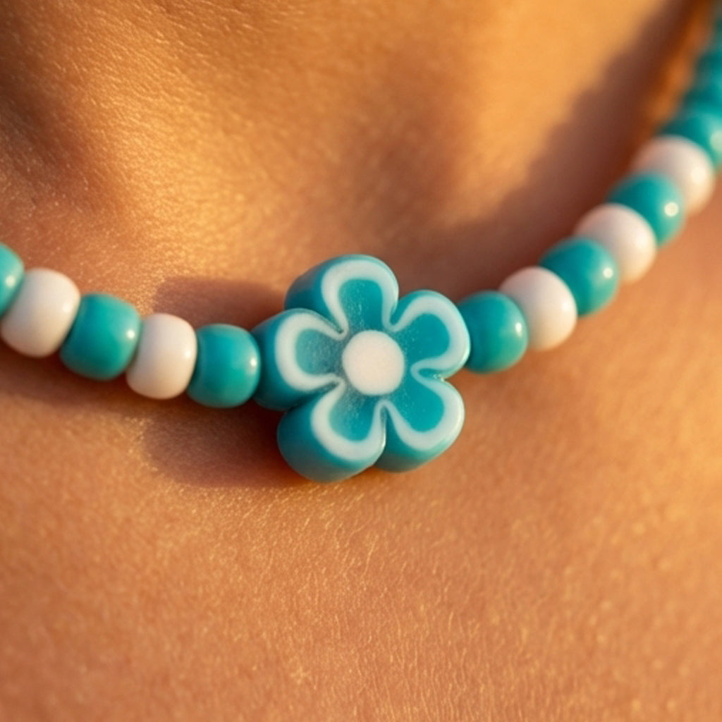 Turquoise Seed Bead Necklace with Flower Charm, Minimalist Floral Jewelry