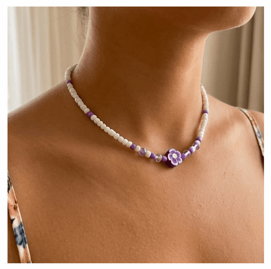 Handcrafted Lavender Bloom Beaded Necklace, Metal-Plated Clasp w/ Extension Chain