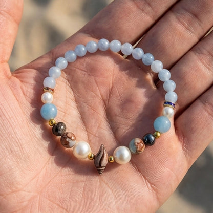 Handmade Aquamarine and Pearl Beaded Bracelet Blue White Natural Stone Boho Style One Size Gemstone Jewelry