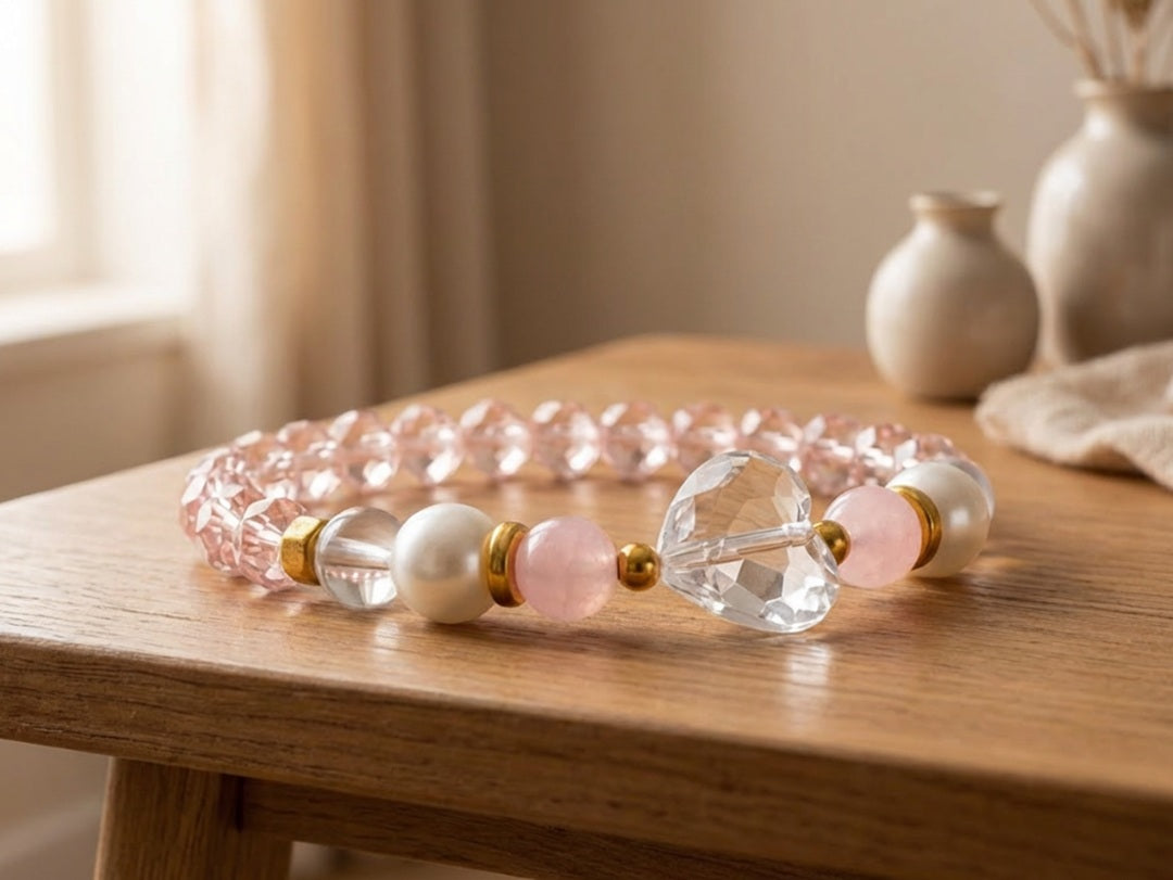 Handmade Beaded Bracelet – Pink Glass, Pearl-Style, Moonstone-Like & Gold Spacer Beads with Clear Heart Charm