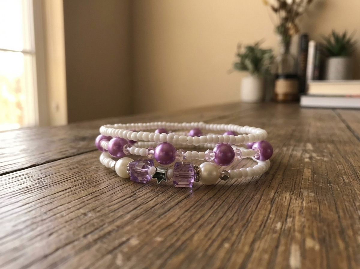 Handmade White Seed Bead Purple Pearl-Like Bracelet Set, Crystal Accents, Boho Ocean Jewelry