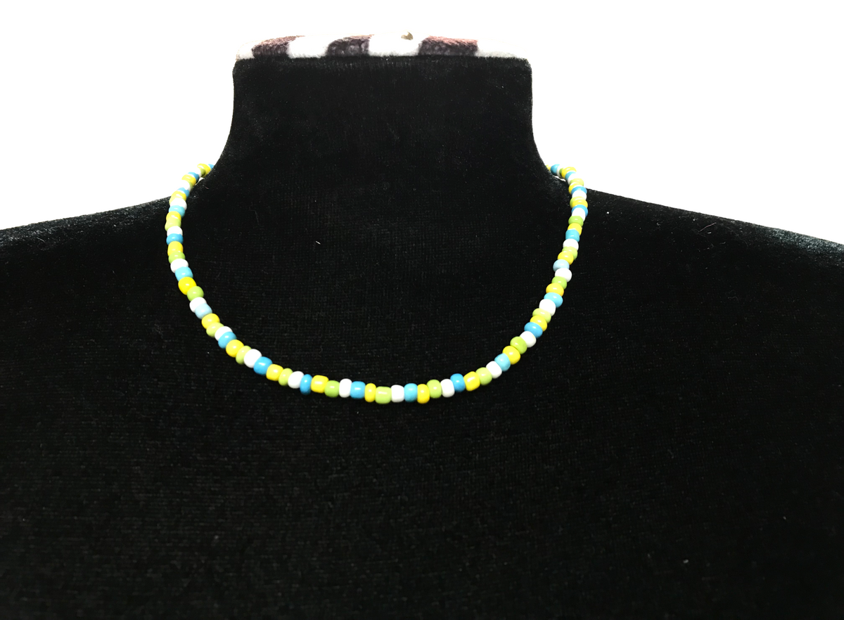 Handmade Lime & Turquoise Beaded Choker, Minimalist Seed Bead Necklace, Summer Surf Jewelry, Dainty Beach Layering Piece for Her