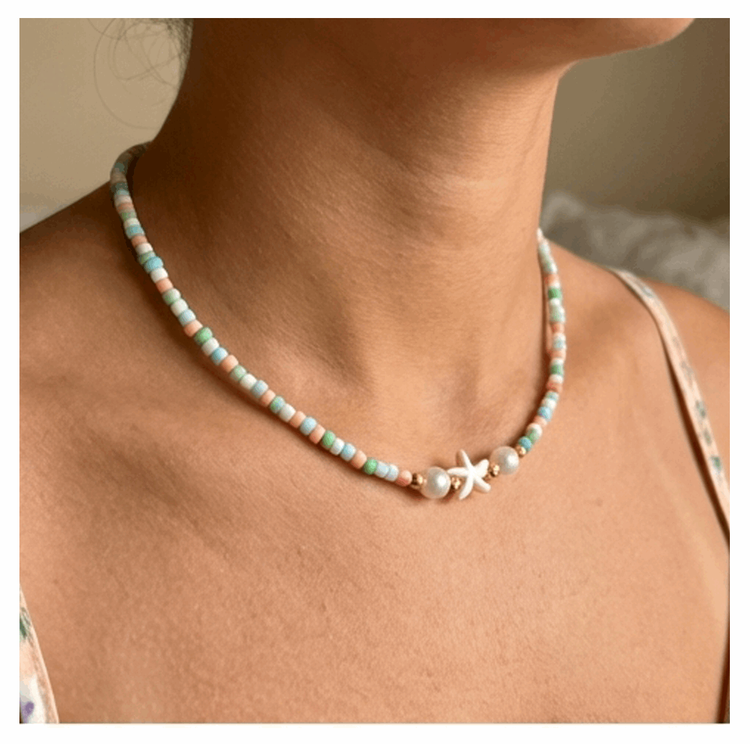 Handcrafted Seaside Starfish Beaded Necklace, Metal-Plated Clasp w/ Extension Chain