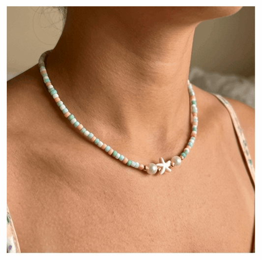Handcrafted Seaside Starfish Beaded Necklace, Metal-Plated Clasp w/ Extension Chain
