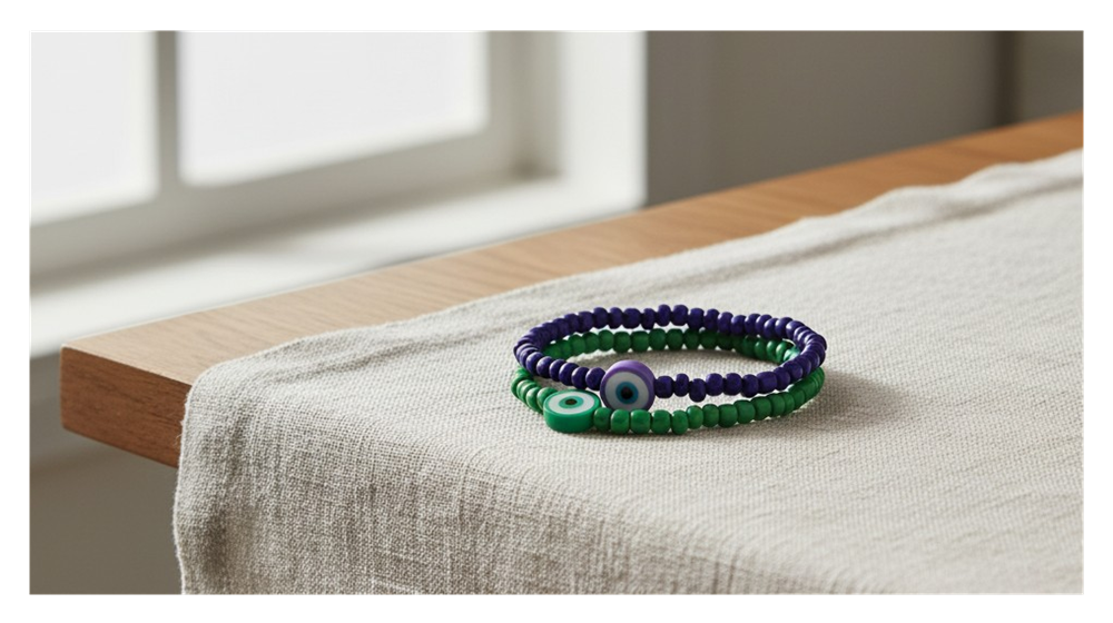 Handmade Indigo and Emerald Green Beaded Bracelets with Candy-like Charm