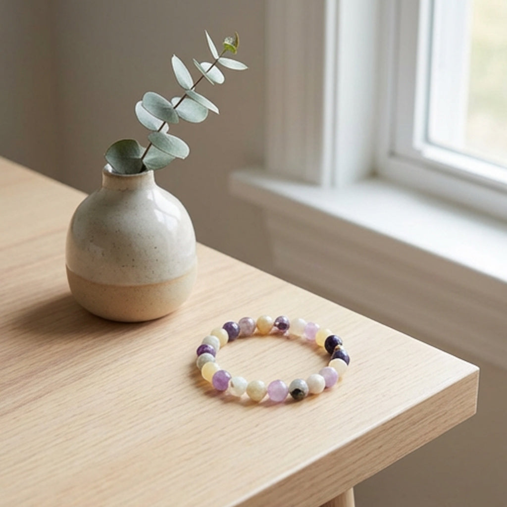 Handmade Lavender Cream Gemstone Stretch Bracelet, Boho Stacking Jewelry