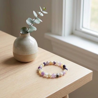 Handmade Lavender Cream Gemstone Stretch Bracelet, Boho Stacking Jewelry