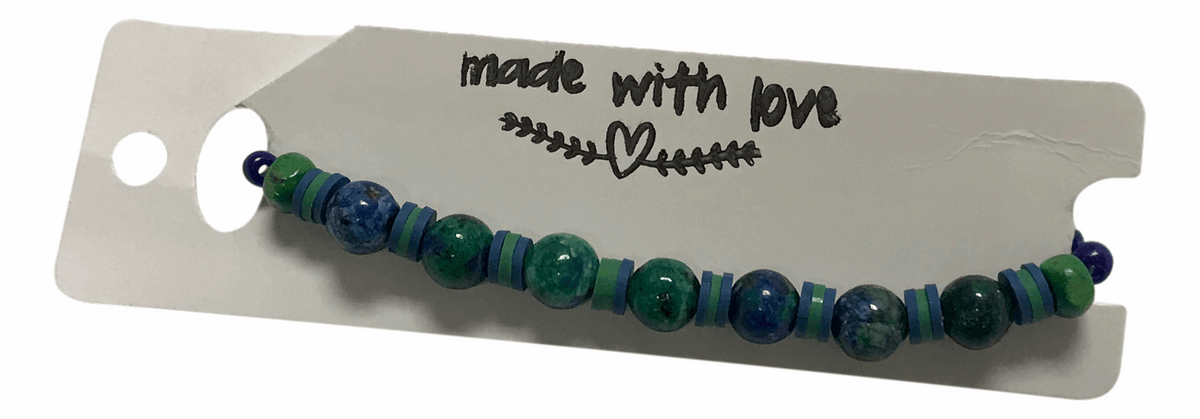 Handmade Azurite Malachite Beaded Bracelet - Natural Blue Green Gemstone Jewelry - Boho Style with Matching Heishi Disc Spacers