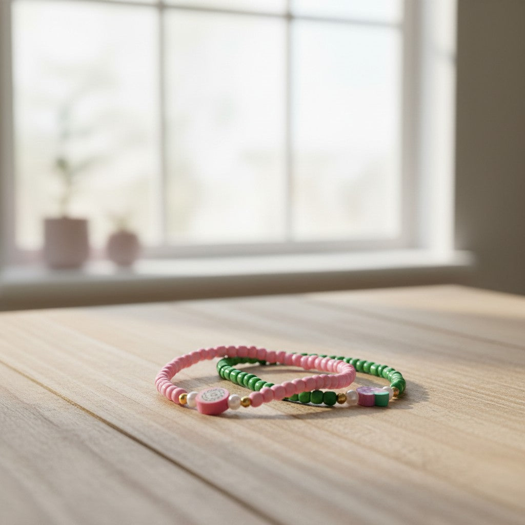 Two colorful beaded bracelets on a wooden surface with a blurred window background