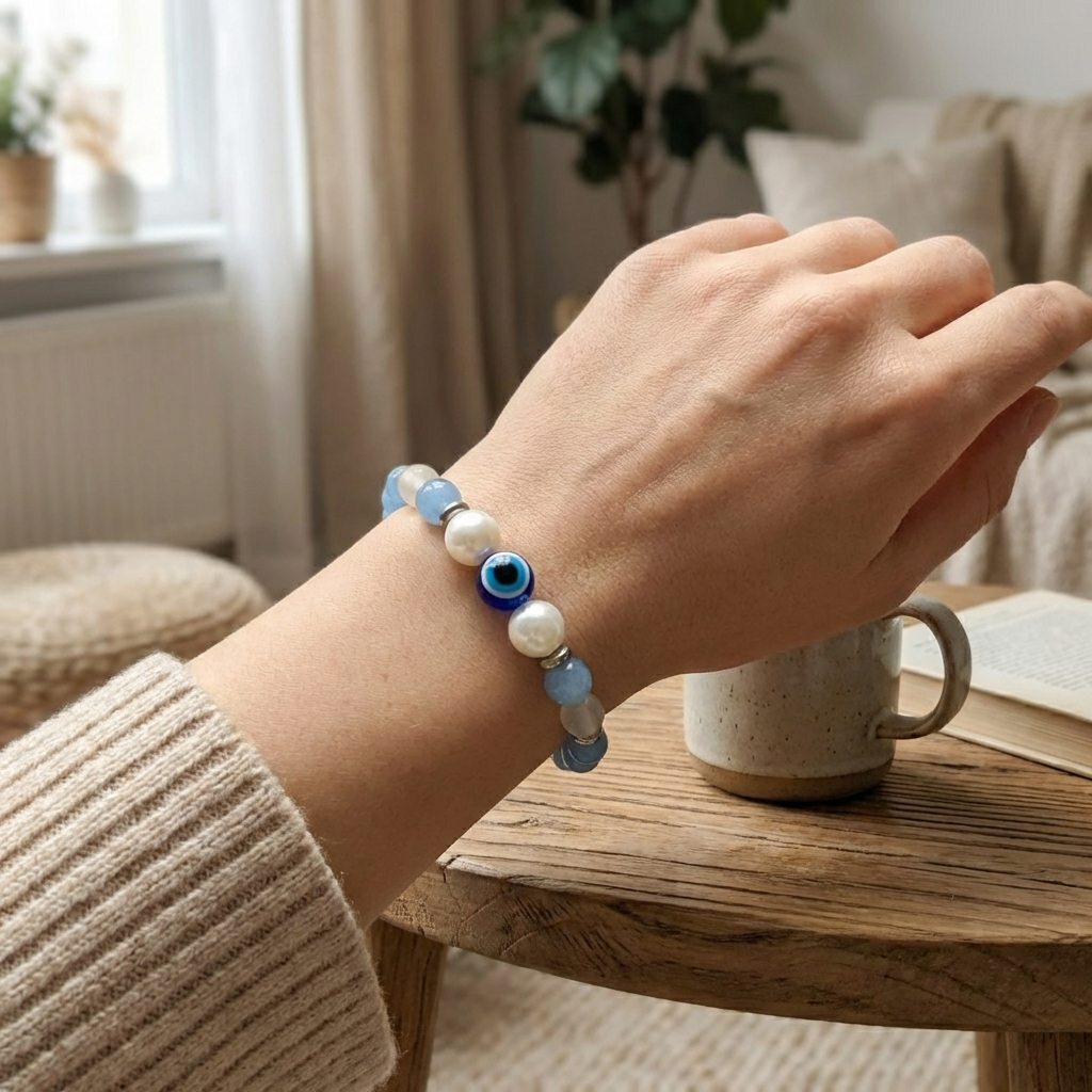 Handmade Blue Ombre Beaded Bracelet Sky Blue Agate and White Jade with Silver Accents Minimalist Stackable Jewelry Boho Style