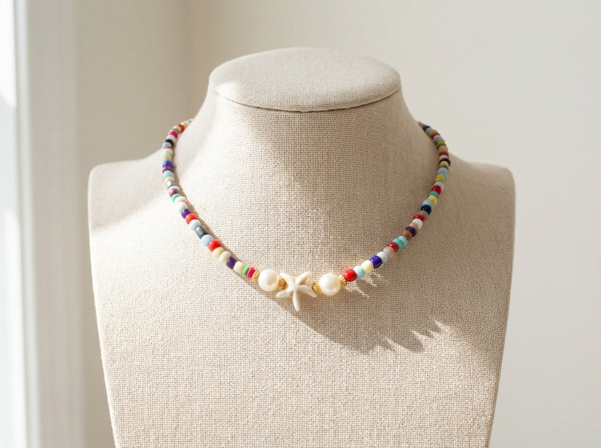 Handmade colorful beads necklace with pearl and starfish charms
