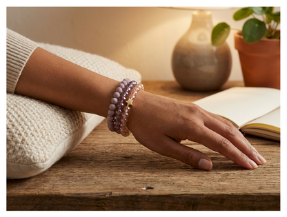 Handmade with Love Lavender and Crystal-style Beaded Bracelet Set