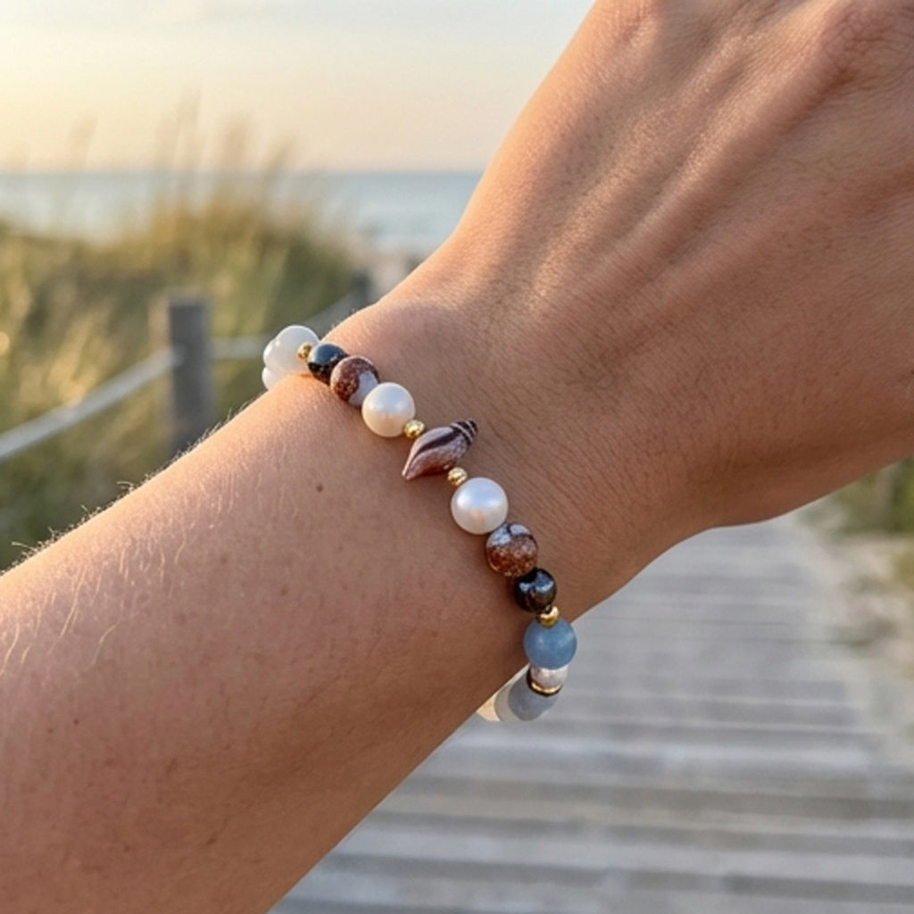 Handmade Aquamarine and Pearl Beaded Bracelet Blue White Natural Stone Boho Style One Size Gemstone Jewelry