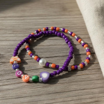 LOVE Beaded Bracelet Set with Butterfly Charm, Purple Orange Kawaii Heart Jewelry Cute Friendship Bracelet