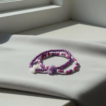 Purple & Pink Beaded Bracelet Set, Cute Bear and Heart Charm Jewelry, Coquette Aesthetic Seed Bead Bracelets, Handmade Birthday Gift for Her.