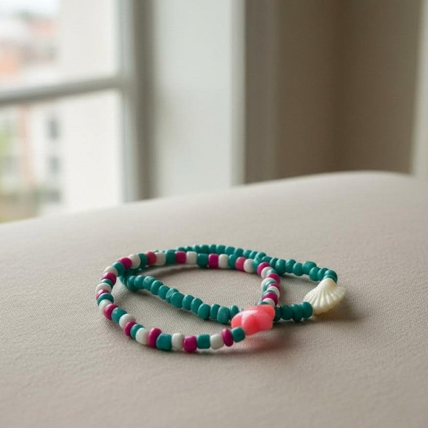 Handmade Ocean Theme Bracelet Stack, Dainty Shell & Star Charms in Teal/Pink, Cute Personalized Gift for Beach Lovers