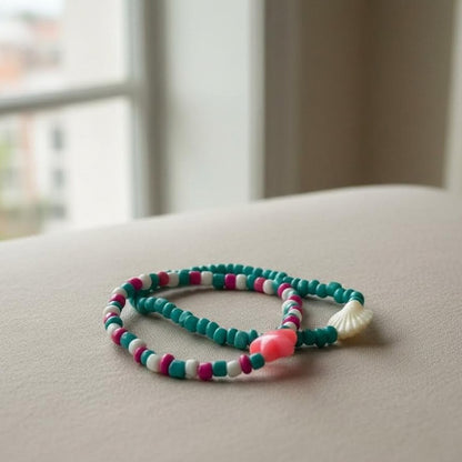 Handmade Ocean Theme Bracelet Stack, Dainty Shell & Star Charms in Teal/Pink, Cute Personalized Gift for Beach Lovers