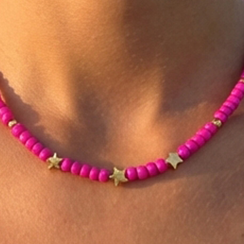 Handmade Pink Beaded Star Necklace, Gold Accents, Minimalist Choker Jewelry