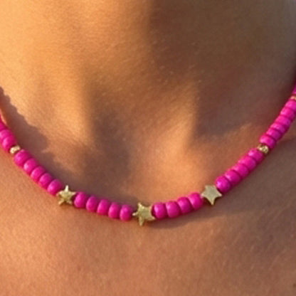 Handmade Pink Beaded Star Necklace, Gold Accents, Minimalist Choker Jewelry