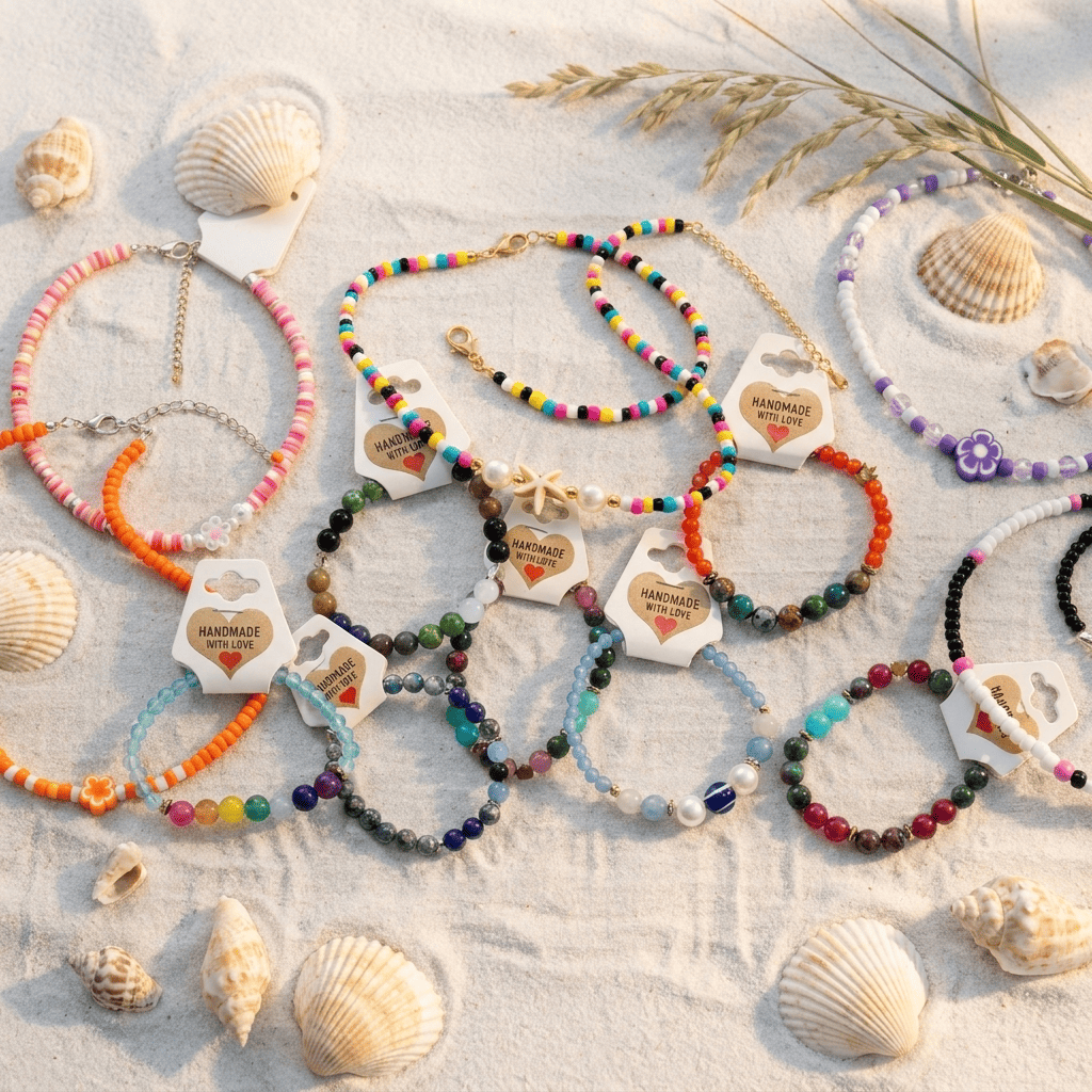 Colorful beaded bracelets on a sandy surface with seashells.