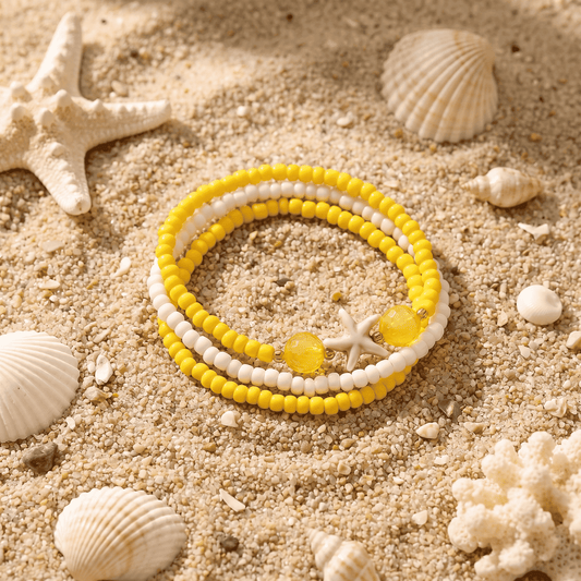 Handmade Yellow White Beaded Bracelet Set, Starfish Charm, Boho Ocean Jewelry