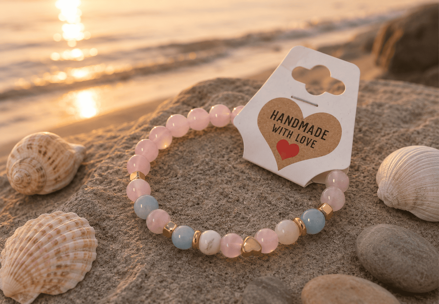 Beaded bracelet with 'Handmade with Love' tag on a beach with shells and sunset.