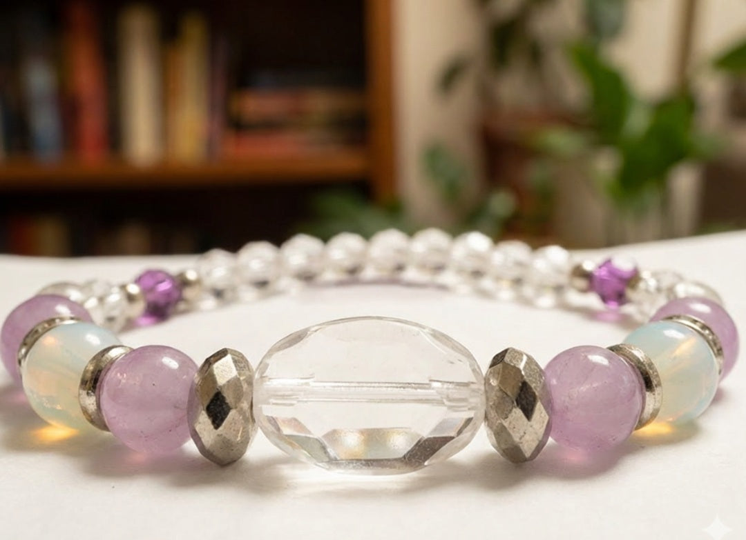 Handmade Beaded Bracelet – Amethyst-Style, Moonstone-Inspired & Quartz-Look Accents, Purple Boho Jewelry