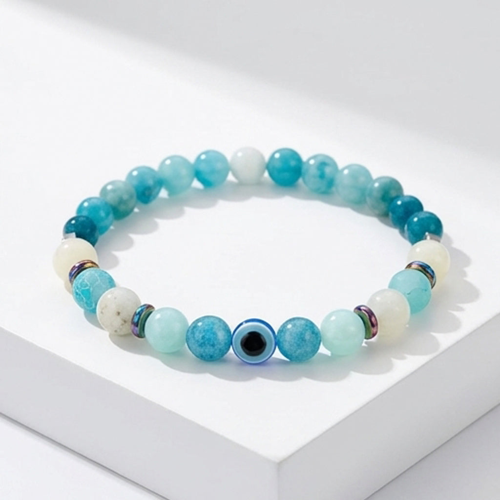 Handmade Amazonite Natural Gemstone Beaded Bracelet Crystal Blue and White Stone Boho Style Stacking Jewelry