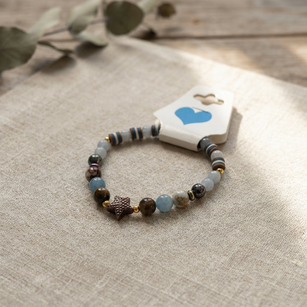 Aquamarine & Jasper Star Handmade Beaded Bracelet – Coastal Style Stretch Jewelry, Unique Stackable Gemstone Gift