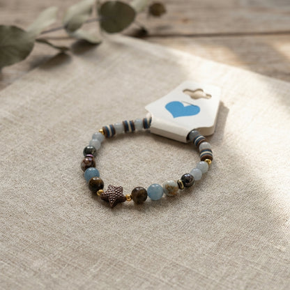 Aquamarine & Jasper Star Handmade Beaded Bracelet – Coastal Style Stretch Jewelry, Unique Stackable Gemstone Gift
