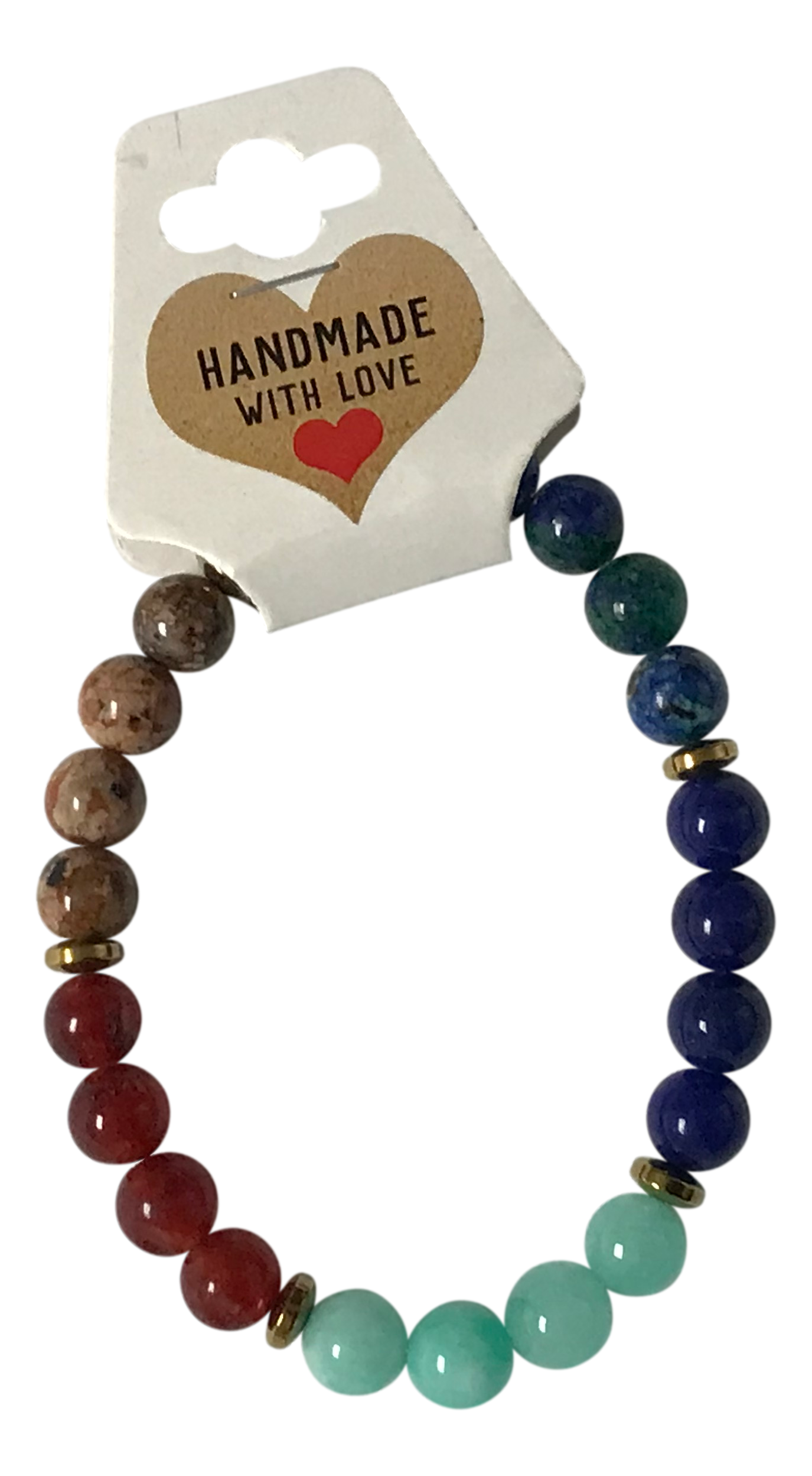 Multicolored beaded bracelet on a white background with 'Handmade with Love' card.