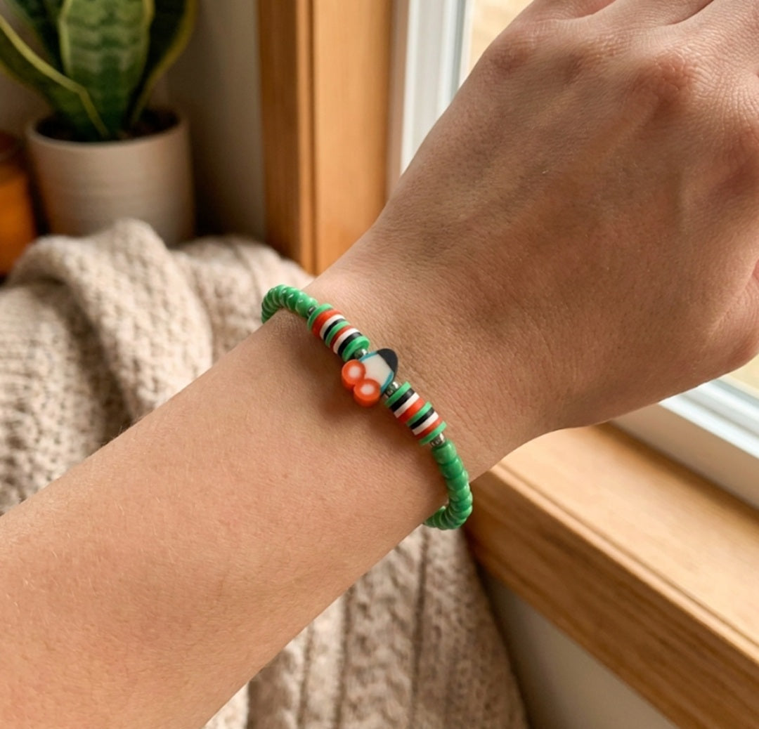 Boho Beaded Bracelet with Cherry Charm – Green Beads & Red-White-Green Accents, Handmade Elastic Jewelry
