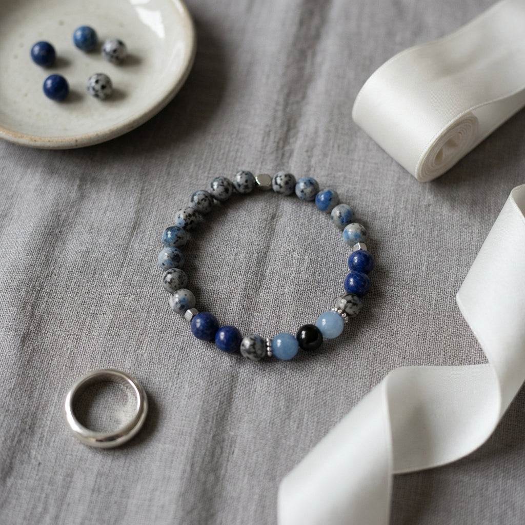 Blue Gemstone Beaded Bracelet, Navy and Gray Stretch Stackable Jewelry Handmade Minimalist Natural Stone Stackable Gift for Her