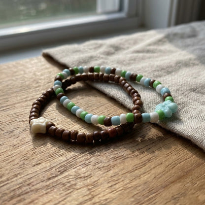 Cute Handmade Beaded Bracelet Set 2pcs Brown Blue Green White with Star & Flower Accent Gift