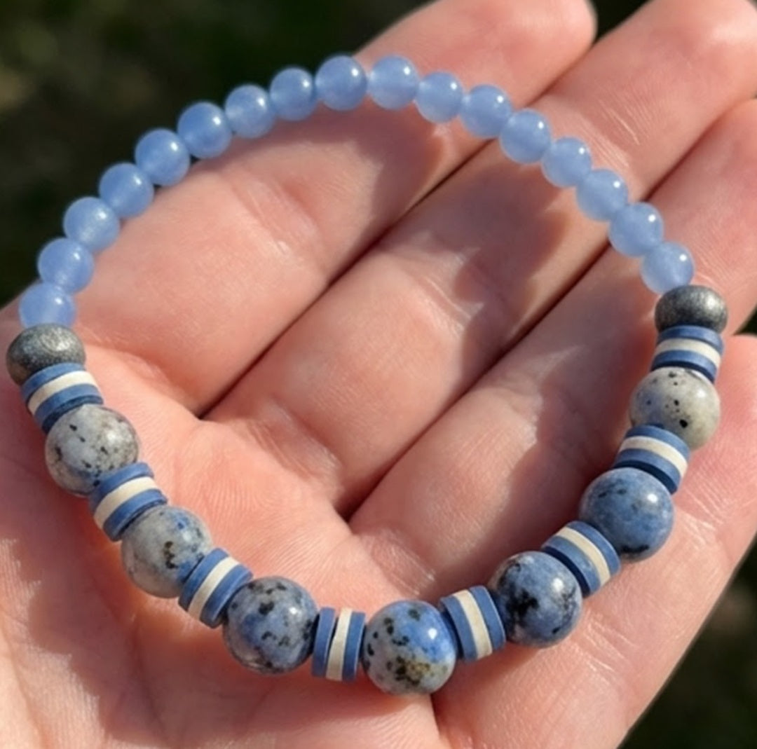 Handmade Bracelet – K2-Style & Azurite-Like Granite Beads with Blue & White Heishi Polymer Clay Spacers – Boho Style
