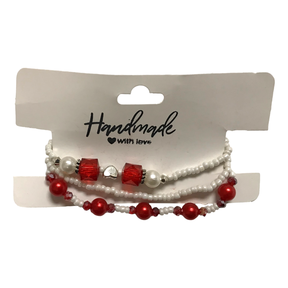Set of red and white beaded bracelets on a 'Handmade with Love' card.