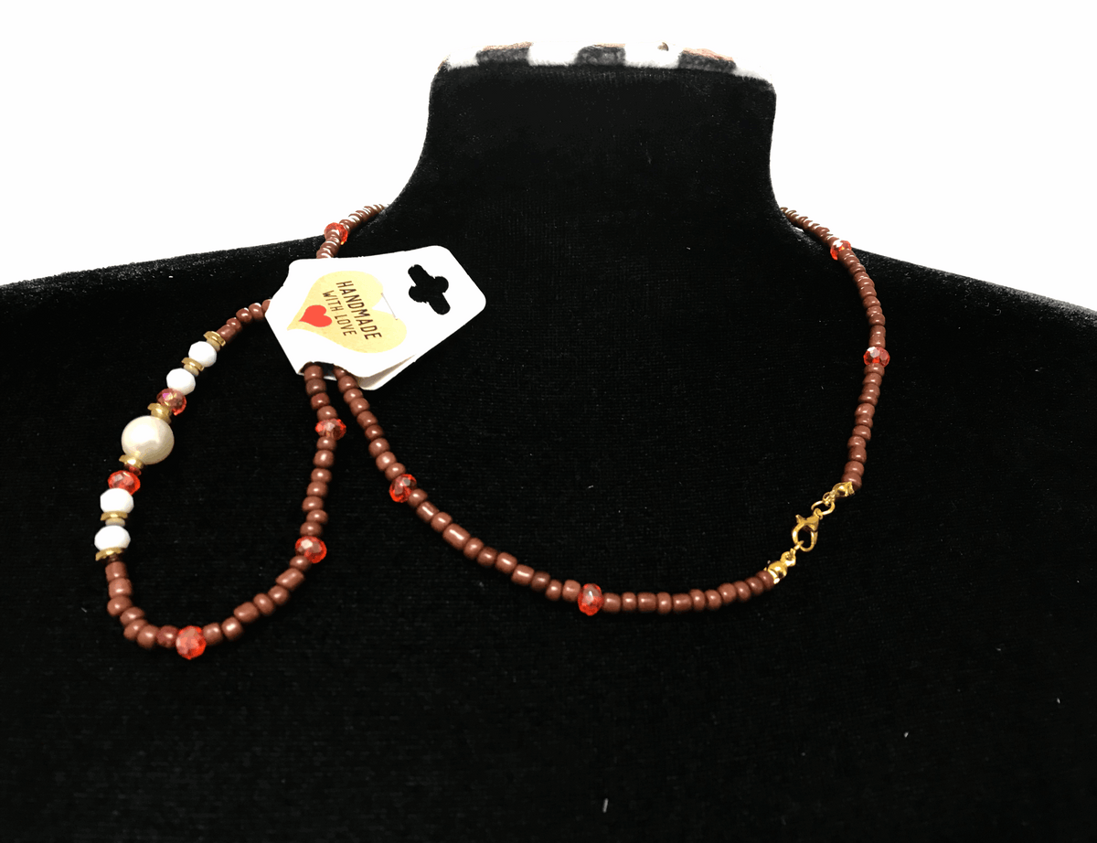 Handmade Pearl Beaded Necklace and Bracelet Set, Earthy Terracotta & White Jewelry, Elegant Boho Chic Set with 5cm Extension Chain