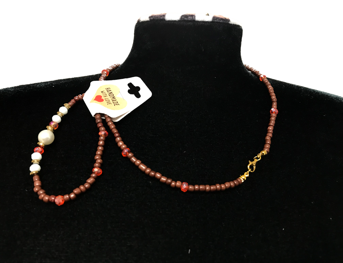 Handmade Faux Pearl Beaded Necklace and Bracelet Set, Earthy Terracotta & White Jewelry, Elegant Boho Chic Set with 5cm Extension Chain